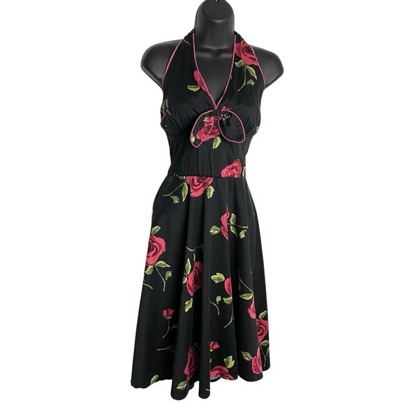Voodoo Vixen Dresses & Skirts - Voodoo Vixen Womens Sweet Vengeance Pinup Halter Dress Size L Black Roses Swing